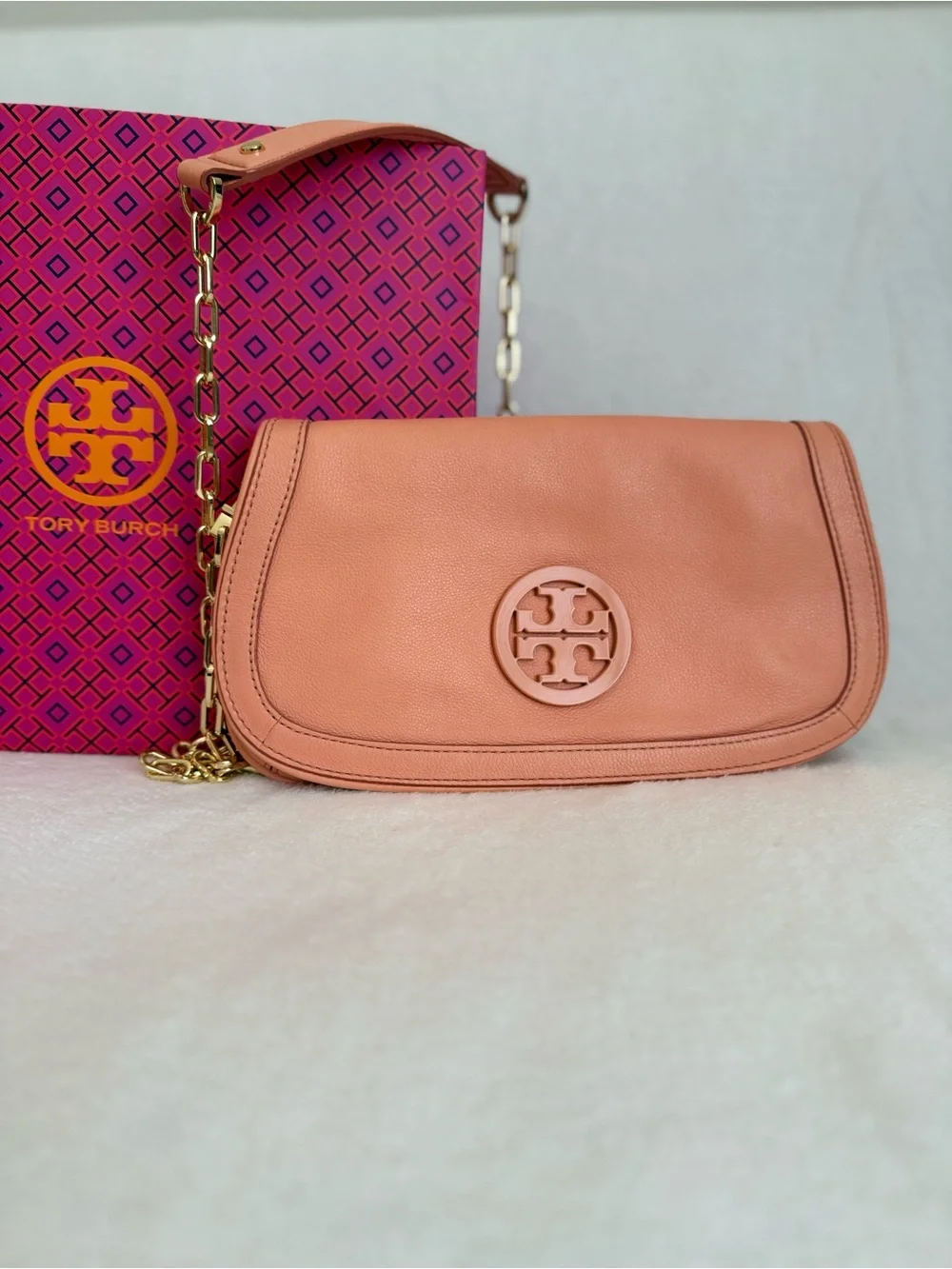 Tory Burch  Amanda Leather Coral Crossbody Bag with Removable Gold Chain